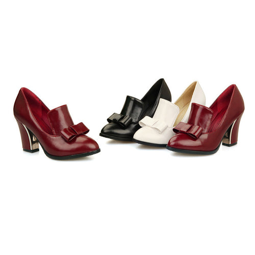 Beatrice pointed toe bow heels in burgundy, black and cream