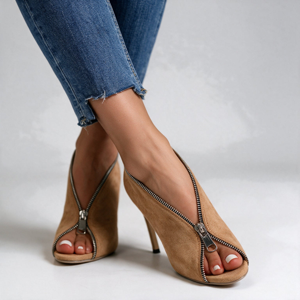 Vivienne Zip Peep Toe Heels in tan