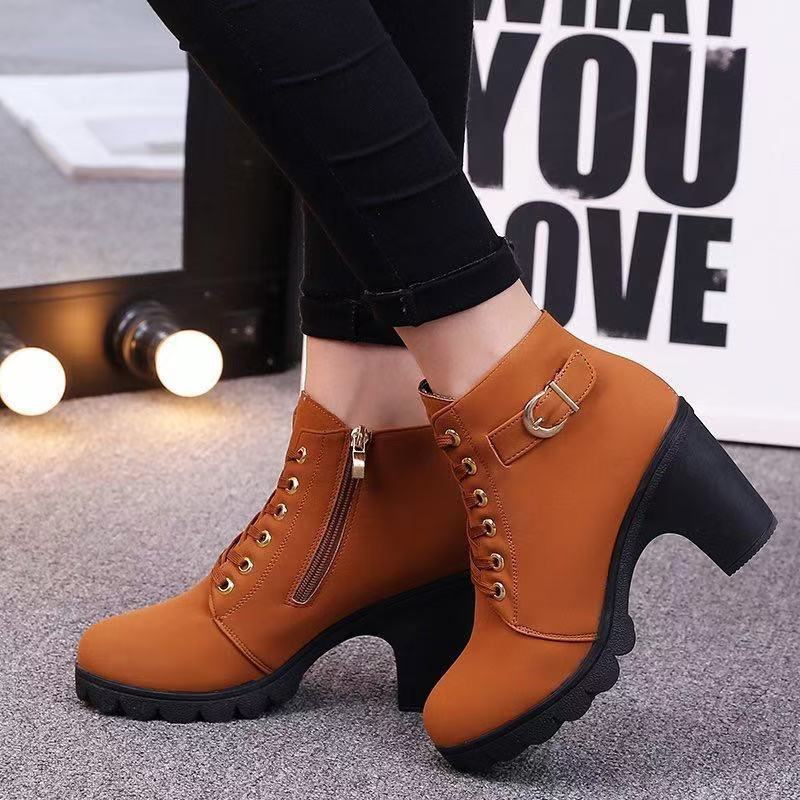 Harriet buckle lace up ankle boots in tan, worn