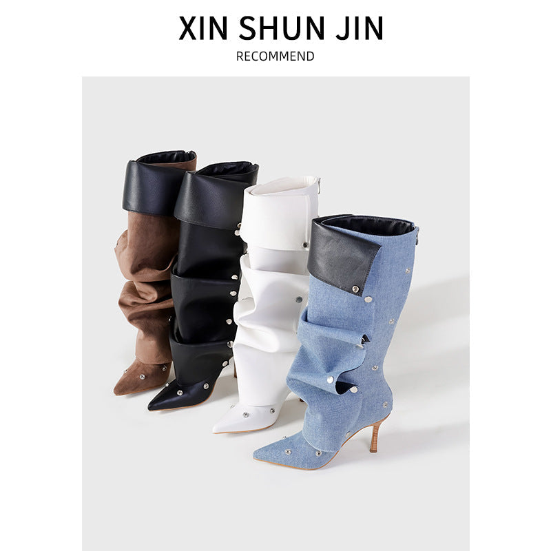 Hazel | Womens Heeled Boots Denim Slim Fit Pointed Toe Ankle Boots