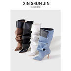 Hazel | Womens Heeled Boots Denim Slim Fit Pointed Toe Ankle Boots