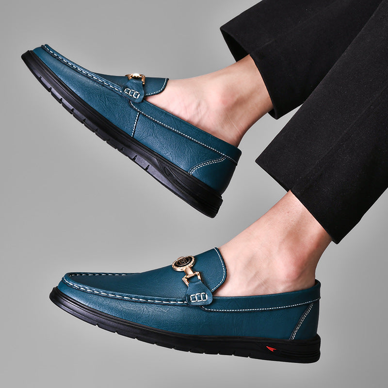 Archer bit driving loafers in navy, worn