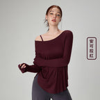 Genevieve | Womens Yoga Top Ribbed Off Shoulder Long Sleeve Fitness Top