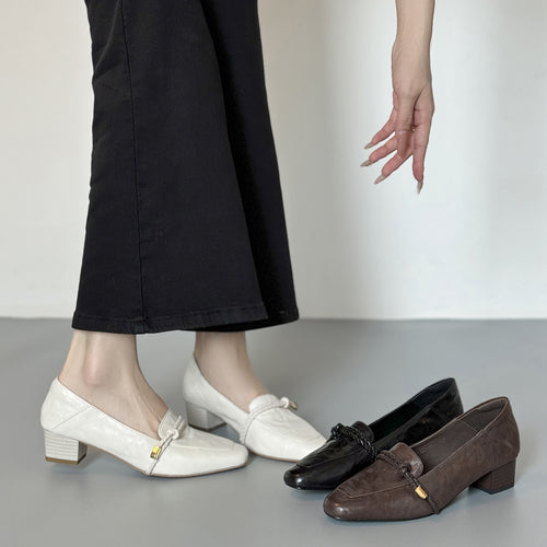 Clara square toe block heel loafers in cream and black
