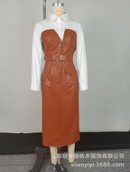 Aurelia | Womens Shirt Dress Long Sleeve Belted Leather Look Midi Dress