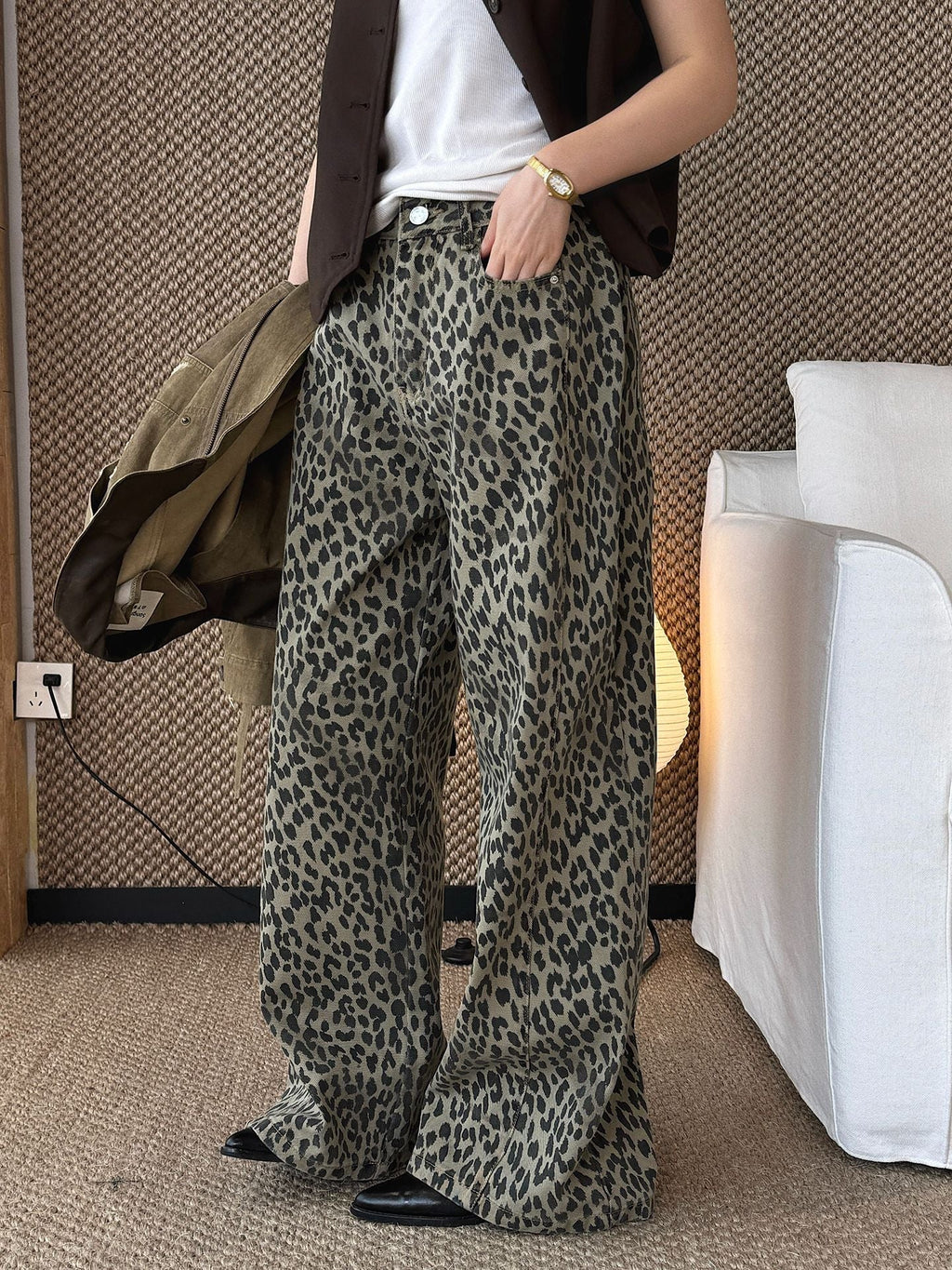 Esmee | Womens Wide Leg Jeans High Waisted Leopard Print Straight Leg Denim