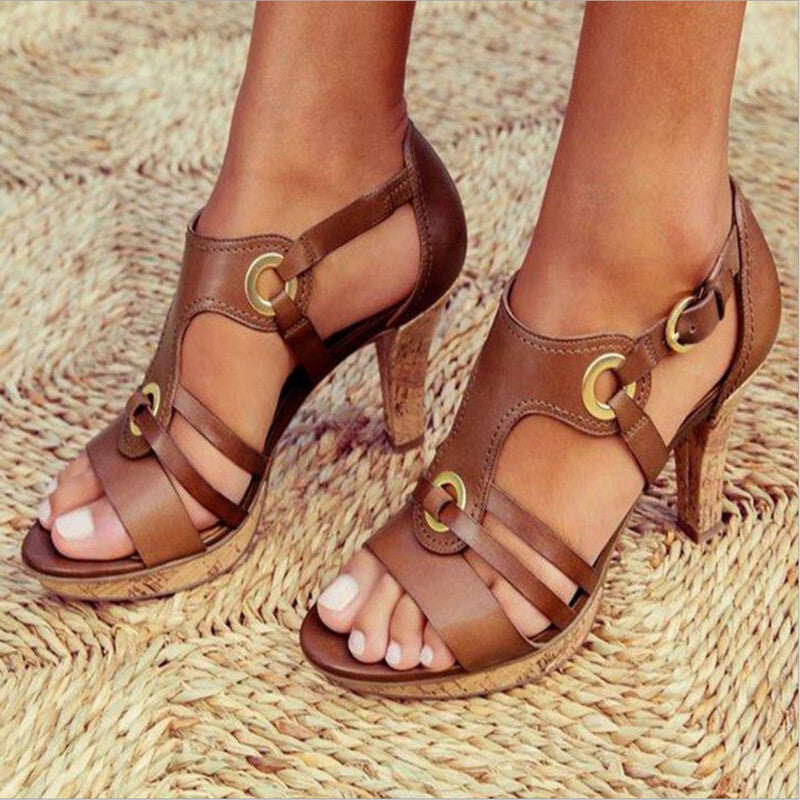 Imogen T bar heeled sandals in cognac, worn