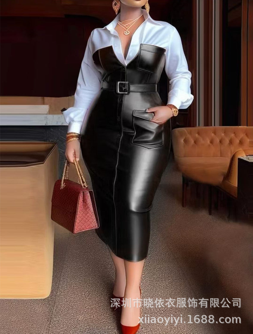 Aurelia | Womens Shirt Dress Long Sleeve Belted Leather Look Midi Dress