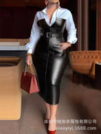Aurelia | Womens Shirt Dress Long Sleeve Belted Leather Look Midi Dress