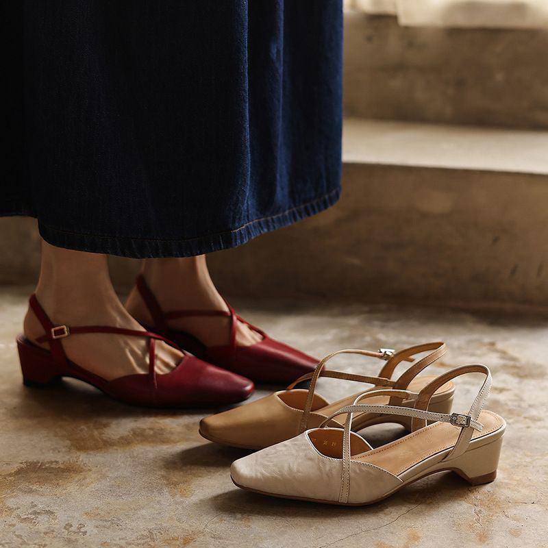 Cordelia square toe cross strap sandals in burgundy and cream