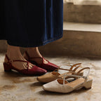 Cordelia square toe cross strap sandals in burgundy and cream