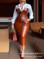 Aurelia | Womens Shirt Dress Long Sleeve Belted Leather Look Midi Dress