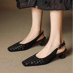 Wren woven slingbacks in black, worn