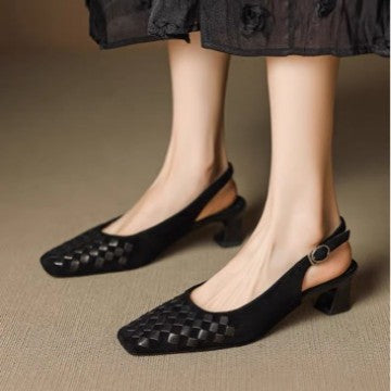 Wren woven slingbacks in black, worn