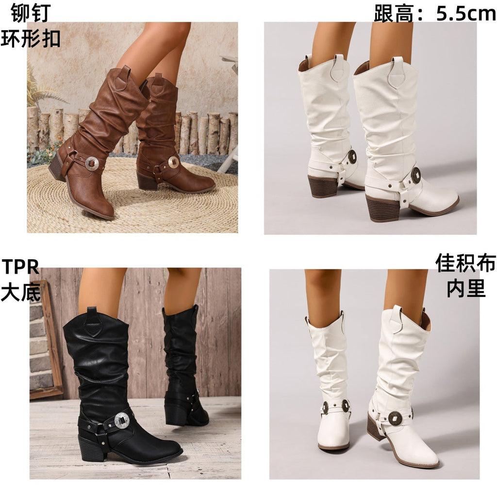 Romilly | Womens Cowboy Boots Studded Chunky Heel Western Long Boots
