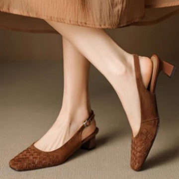 Wren woven slingbacks in tan, worn
