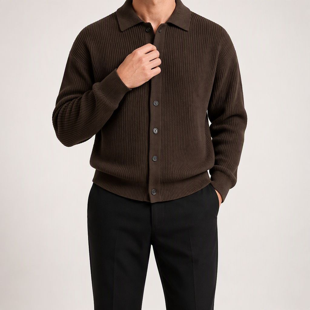 Aaron | Mens Knit Cardigan Shirt Jacket Collared Casual Loose, Coffee