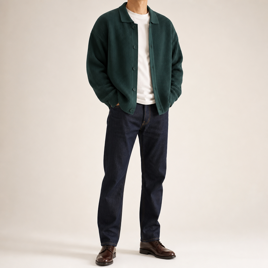 Aaron | Mens Knit Cardigan Shirt Jacket Collared Casual Loose, Dark Green