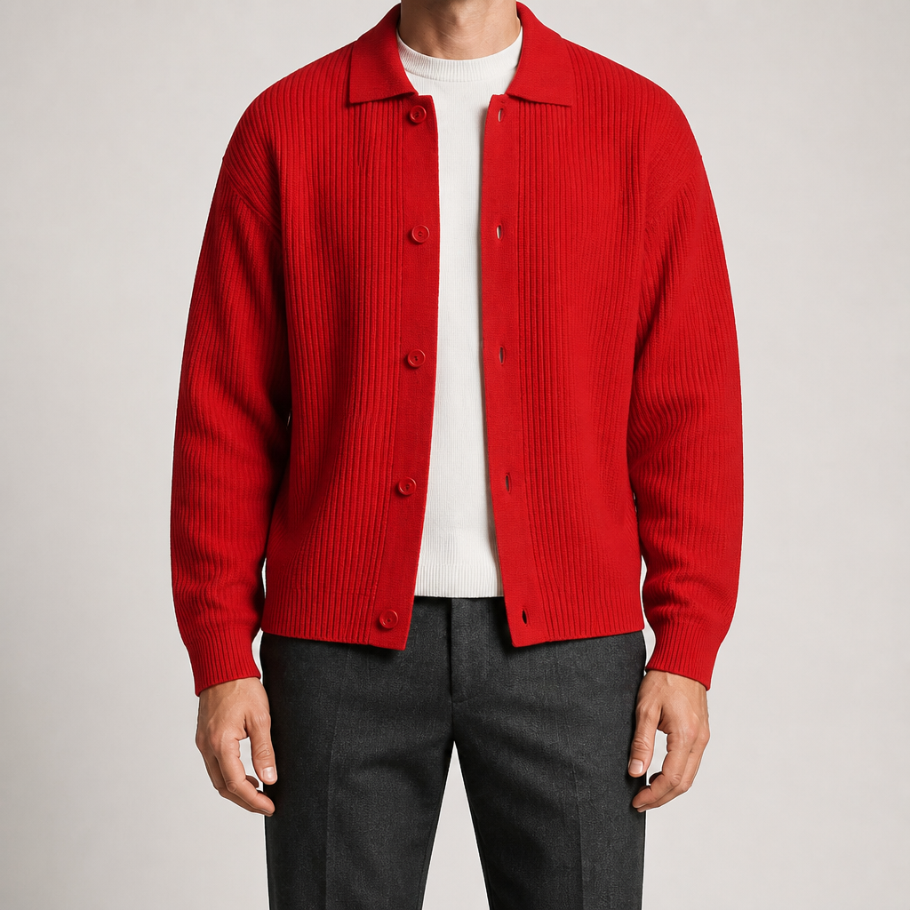 Aaron | Mens Knit Cardigan Shirt Jacket Collared Casual Loose, Red