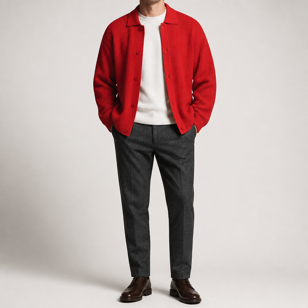 Aaron | Mens Knit Cardigan Shirt Jacket Collared Casual Loose, Red