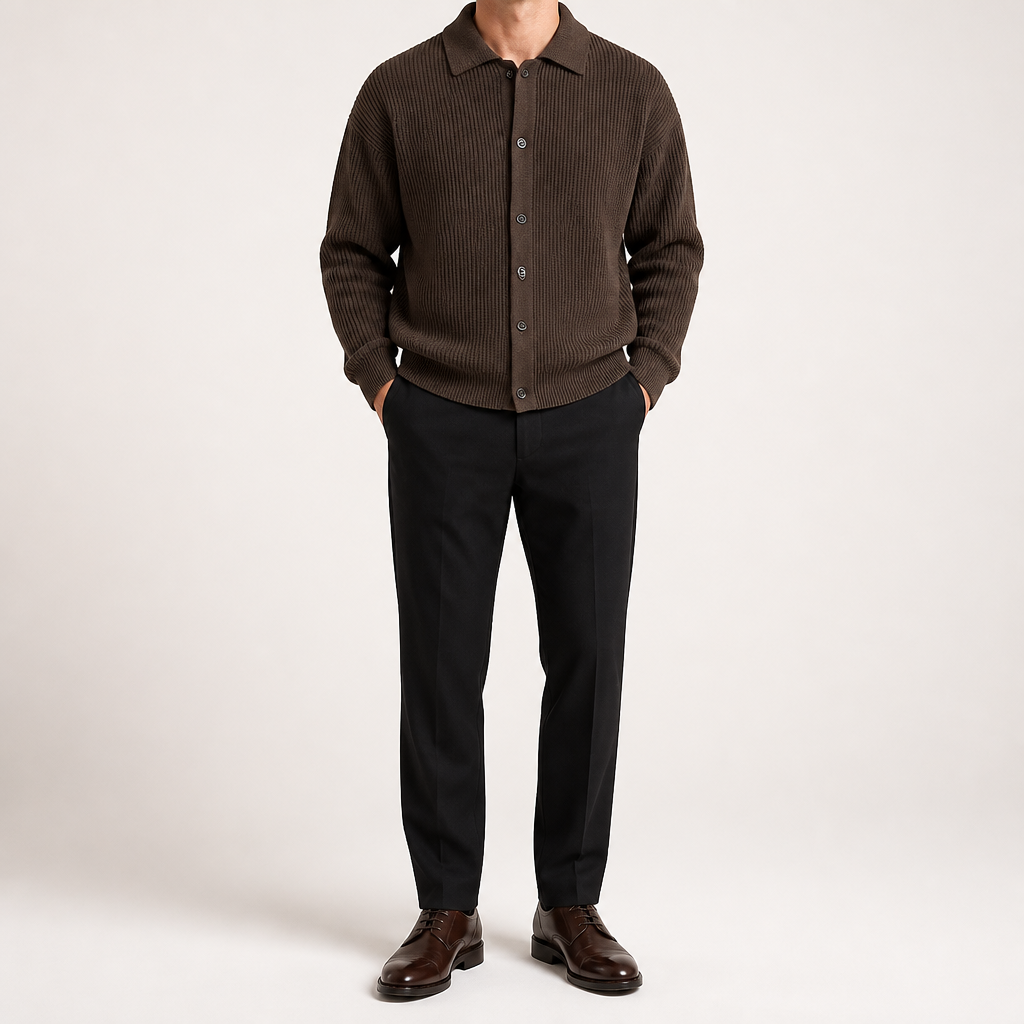 Aaron | Mens Knit Cardigan Shirt Jacket Collared Casual Loose, Coffee