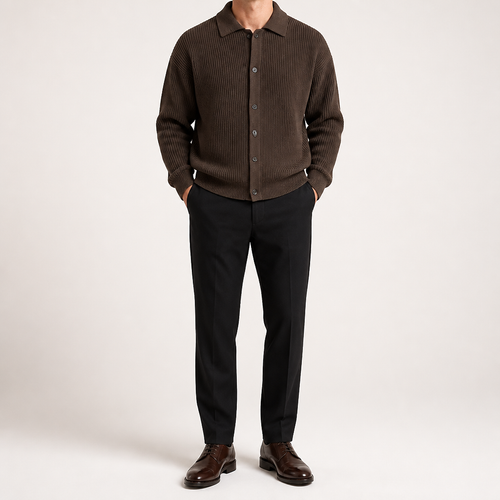 Aaron | Mens Knit Cardigan Shirt Jacket Collared Casual Loose, Coffee