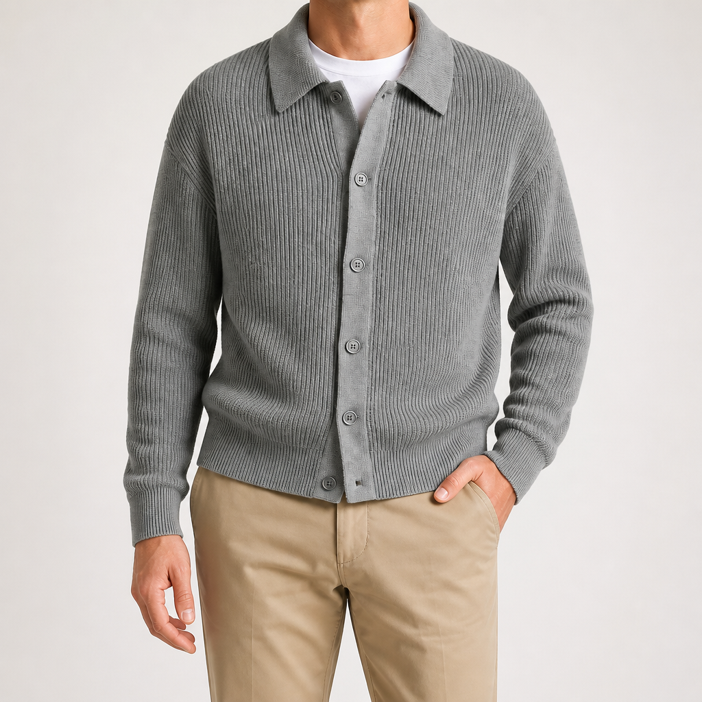 Aaron | Mens Knit Cardigan Shirt Jacket Collared Casual Loose, Grey