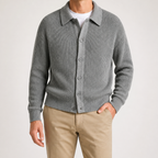 Aaron | Mens Knit Cardigan Shirt Jacket Collared Casual Loose, Grey