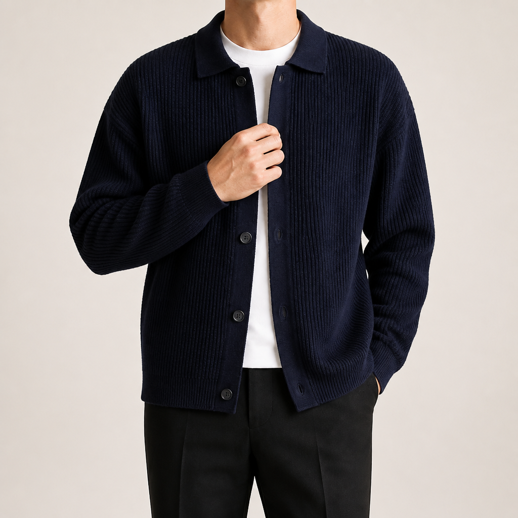 Aaron | Mens Knit Cardigan Shirt Jacket Collared Casual Loose, Navy Blue