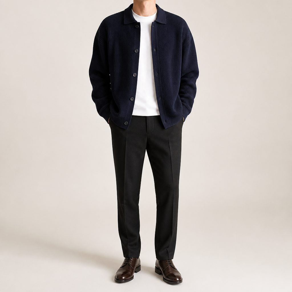 Aaron | Mens Knit Cardigan Shirt Jacket Collared Casual Loose, Navy Blue