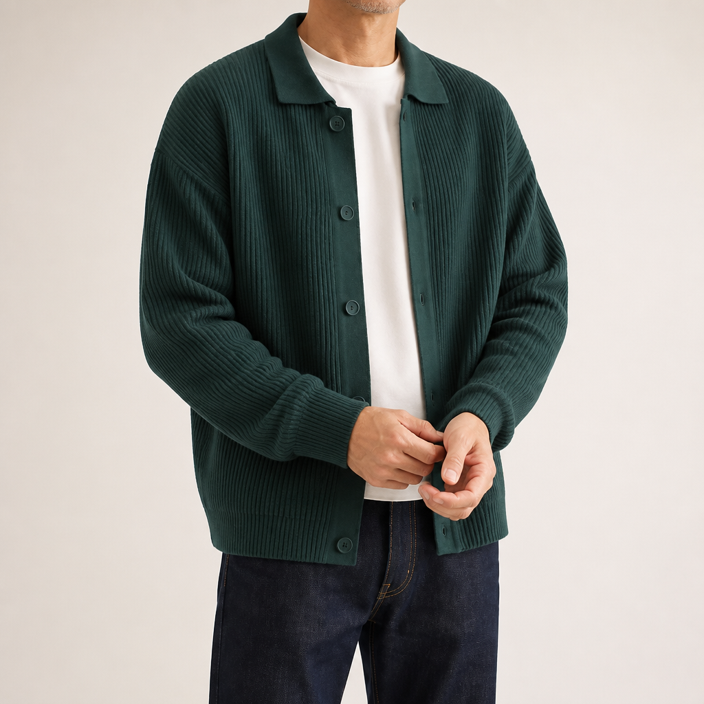 Aaron | Mens Knit Cardigan Shirt Jacket Collared Casual Loose, Dark Green