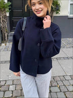 Adelaide | Womens Stand Collar Wool Blend Jacket - Dark Blue Single Breasted