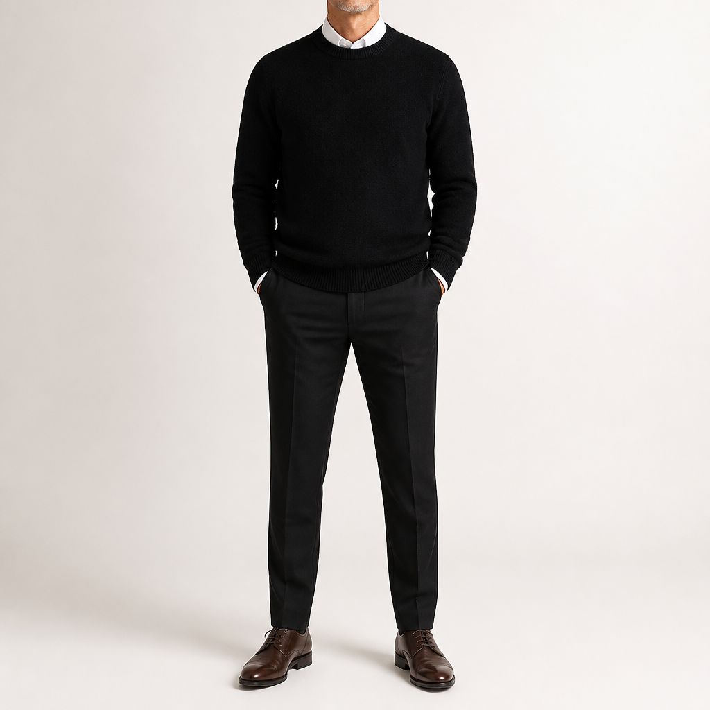 Adrian | Mens Slim Fit Round Neck Knit Sweater Crewneck Pullover, Black