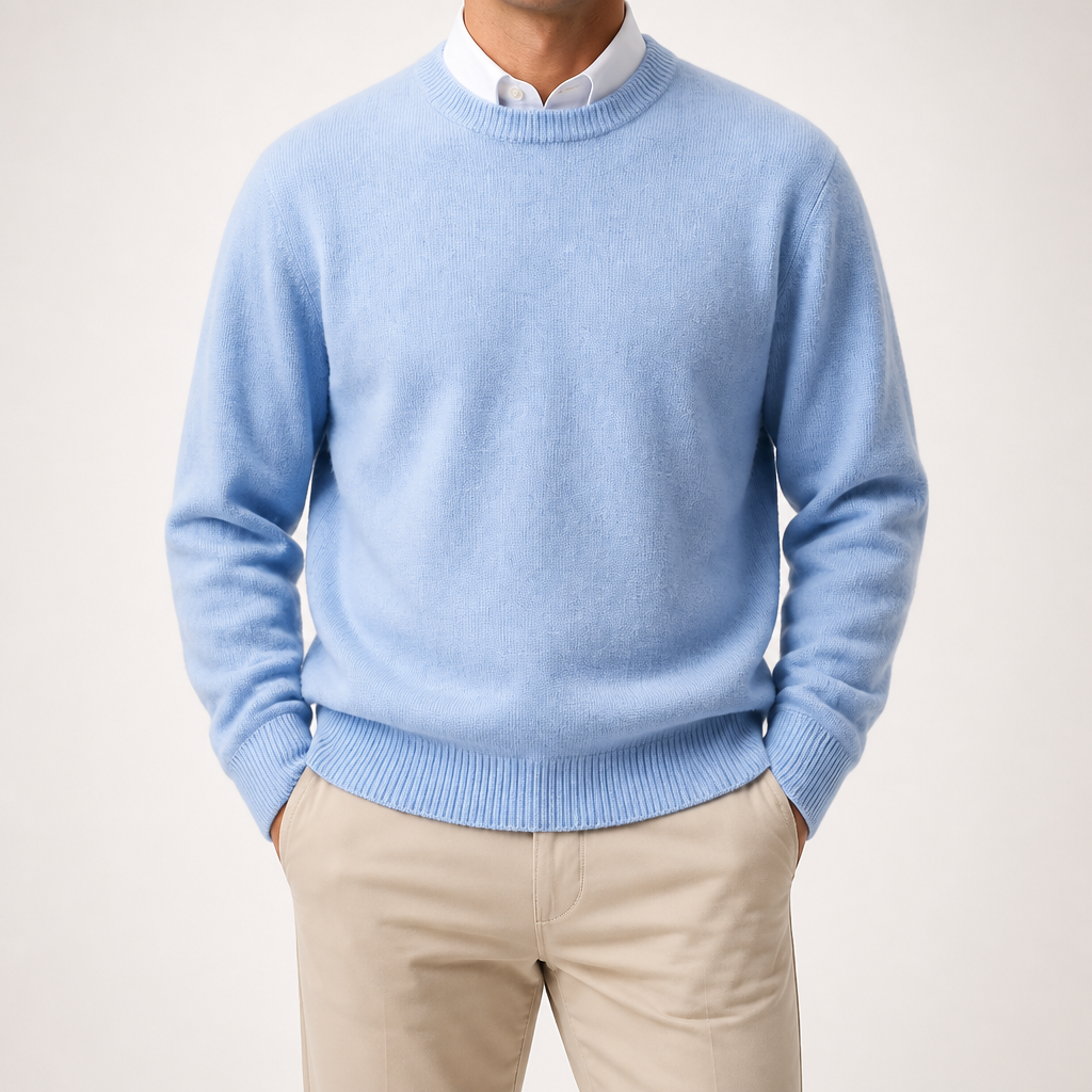 Adrian | Mens Slim Fit Round Neck Knit Sweater Crewneck Pullover, Light Blue