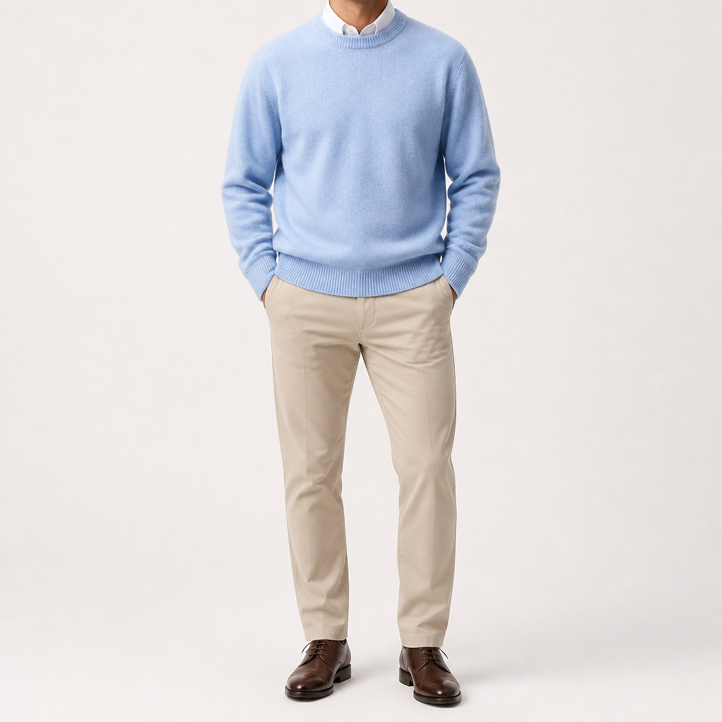 Adrian | Mens Slim Fit Round Neck Knit Sweater Crewneck Pullover, Light Blue