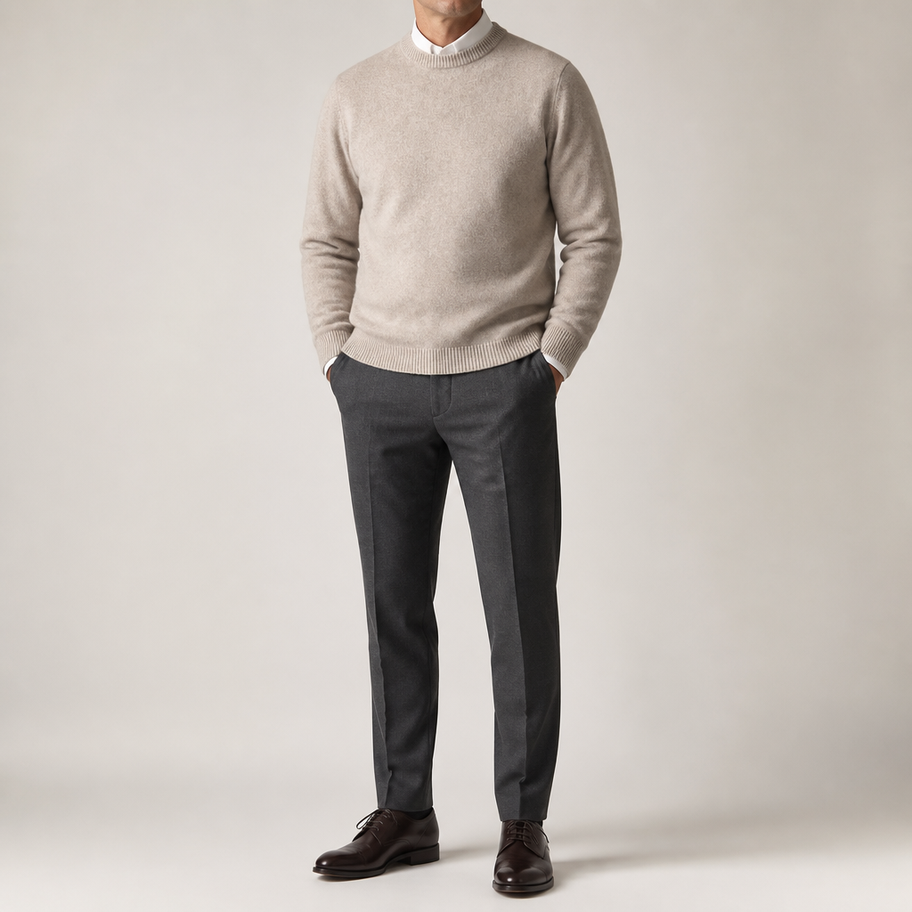 Adrian | Mens Slim Fit Round Neck Knit Sweater Crewneck Pullover, Camel