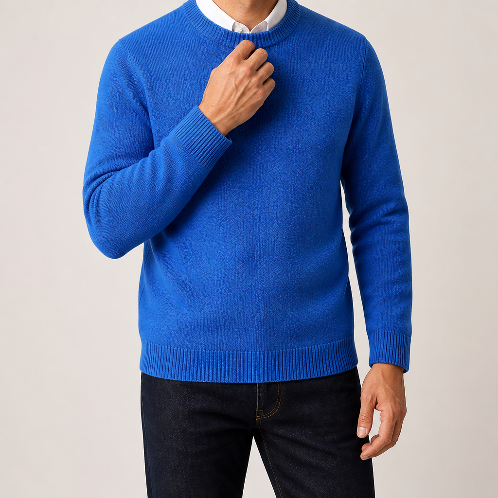 Adrian | Mens Slim Fit Round Neck Knit Sweater Crewneck Pullover, Blue