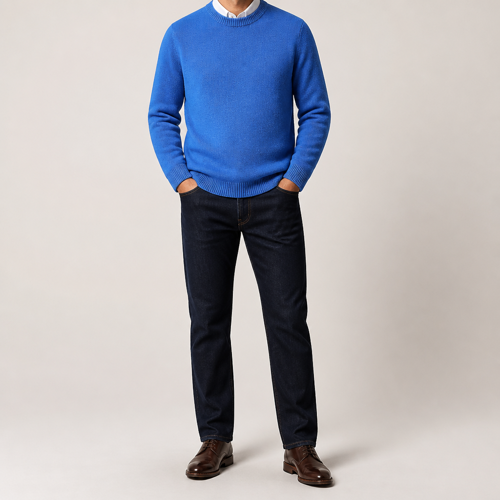 Adrian | Mens Slim Fit Round Neck Knit Sweater Crewneck Pullover, Blue