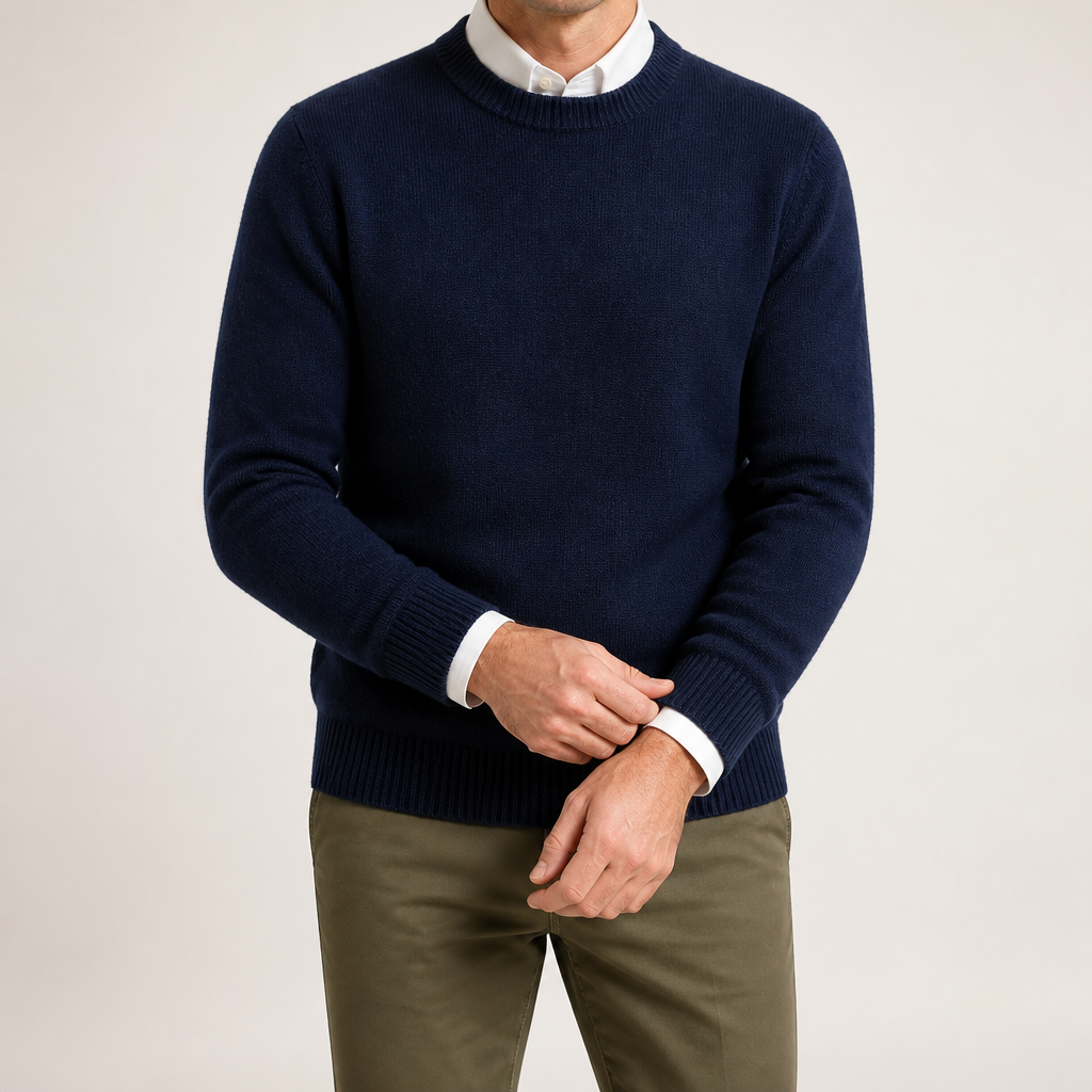 Adrian | Mens Slim Fit Round Neck Knit Sweater Crewneck Pullover, Navy Blue
