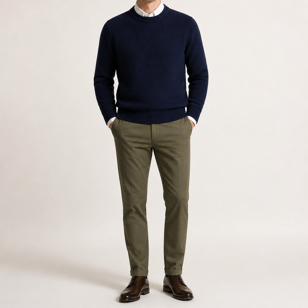 Adrian | Mens Slim Fit Round Neck Knit Sweater Crewneck Pullover, Navy Blue