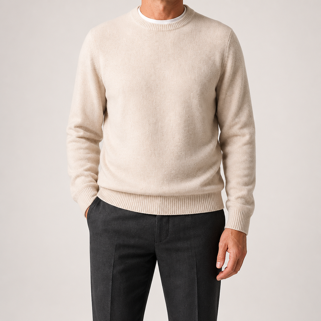 Adrian | Mens Slim Fit Round Neck Knit Sweater Crewneck Pullover, Off White