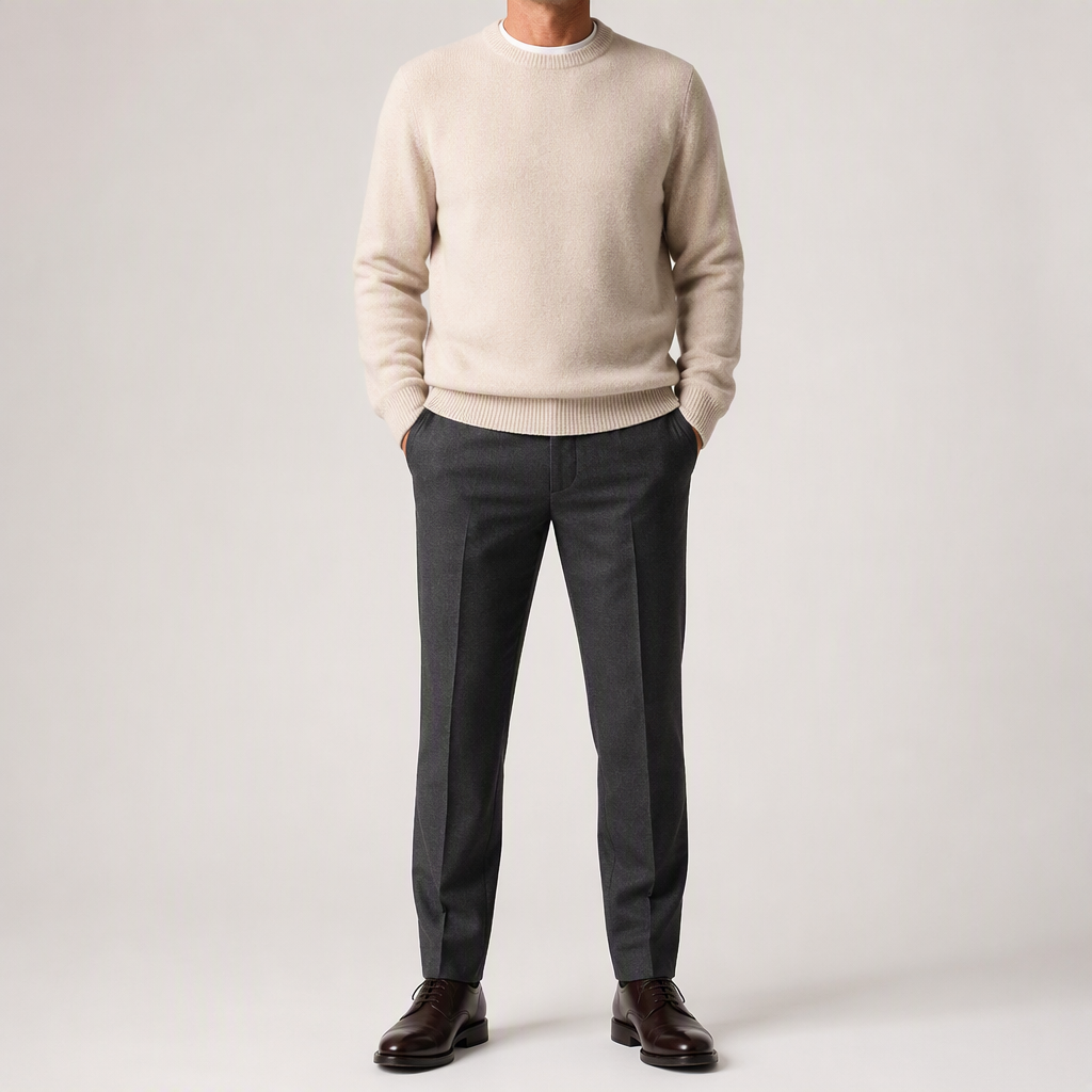 Adrian | Mens Slim Fit Round Neck Knit Sweater Crewneck Pullover, Off White