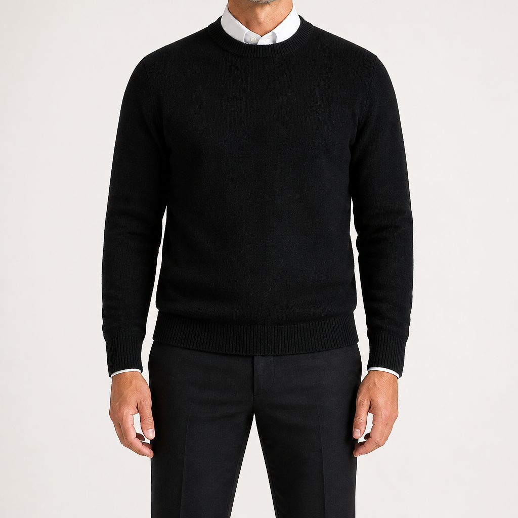 Adrian | Mens Slim Fit Round Neck Knit Sweater Crewneck Pullover, Black