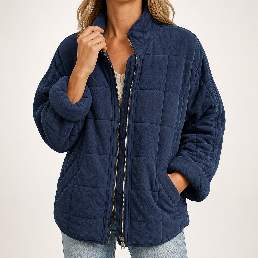 Ainsley | Womens Stand Collar Padded Winter Puffer Jacket, Navy Blue