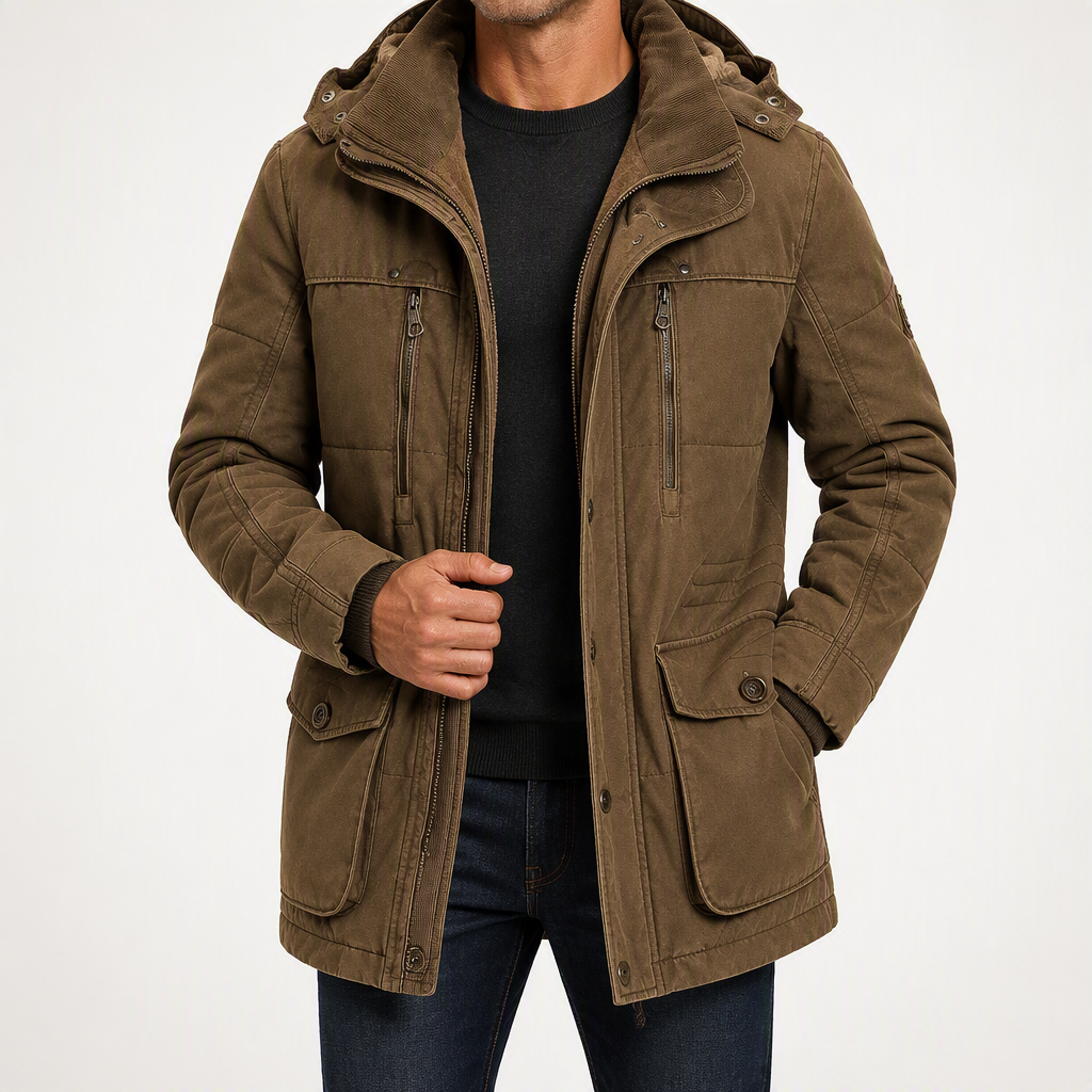 Alaric | Fleece Lined Hooded Mens Winter Padded Coat, Coffee