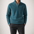 Albert | Mens Wool Knit Zip Collar Pullover Sweater, Blue