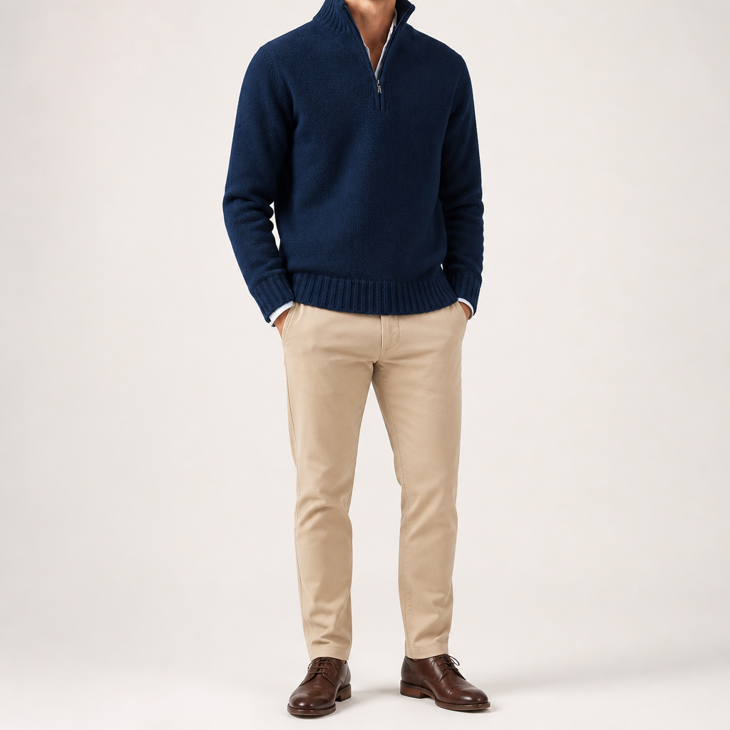 Albert | Mens Wool Knit Zip Collar Pullover Sweater, Dark Blue