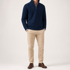 Albert | Mens Wool Knit Zip Collar Pullover Sweater, Dark Blue
