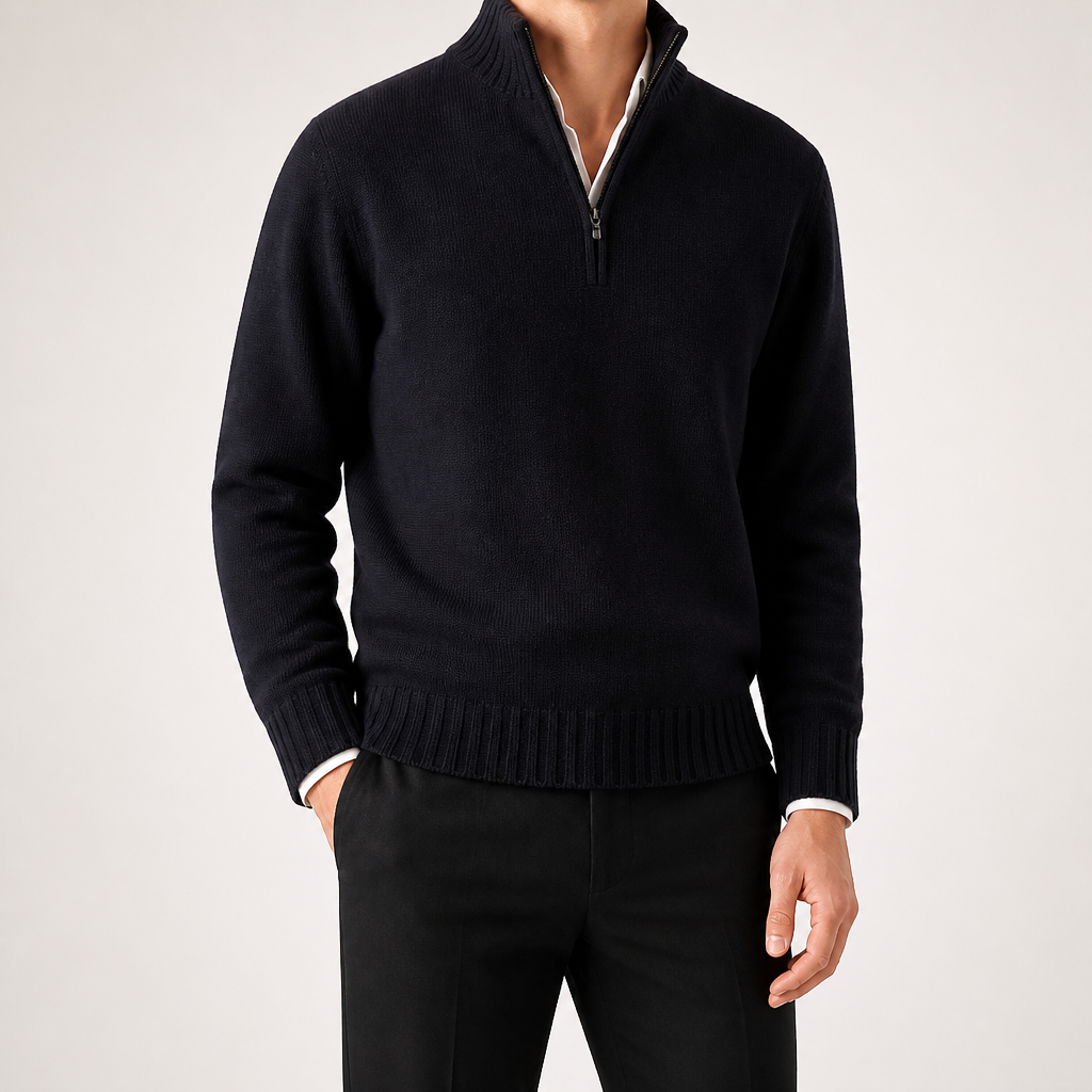 Albert | Mens Wool Knit Zip Collar Pullover Sweater, Black