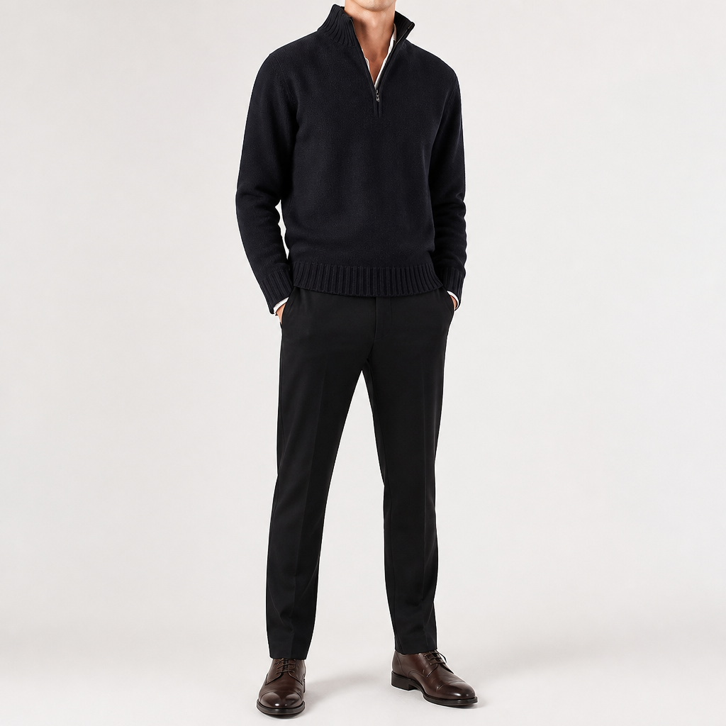 Albert | Mens Wool Knit Zip Collar Pullover Sweater, Black